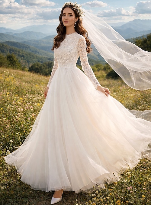 knee length dresses for ladies A-Line Long Sleeves Tulle White Long Prom Dress, White Long Graduation –  toptby main image 0