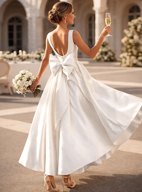 A-Line Ankle Length Wedding Dresses Bridal Shower Dresses Bridal Gown  Vintage 1940s / 1950s Little White Dresses Regular Straps Square Neck  Graduation Birthday Satin with Bow(s) Solid Color 2026 - $91.99