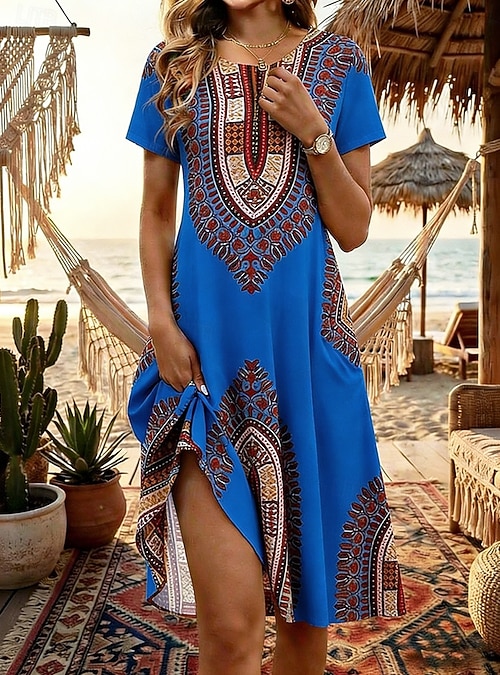 knee length boho dress Women's Knee Length Dress Boho Dress Shirt Dress Elegant Bohemia Ethnic Beach Holiday Loose Fit Graphic Geometric Short Sleeve Stand Collar Blue Pink Orange Summer Spring 2026