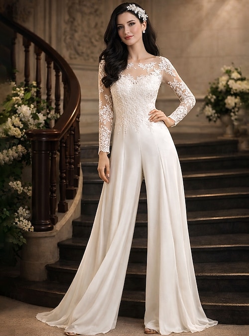 Beach Wedding Hall Casual Wedding Dresses Jumpsuits Illusion Neck Long Sleeve Floor Length Chiffon Bridal Gowns With Appliques 2026 - $172.99 Beach Wedding Hall Casual Wedding Dresses Jumpsuits Illusion Neck Long Sleeve Floor Length Chiffon Bridal Gowns With Appliques 2026 - $172.99
