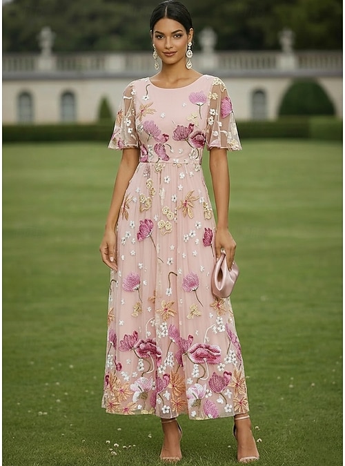A-Line Dress Ankle Length Cocktail Dress Wedding Guest Dress Mother of the  Bride Dress Short Sleeve Crew Neck Elegant Casual Formal Wedding Guest  Kentucky Derby Chiffon Tulle with Floral Print 2026 -