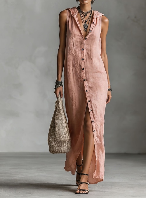 Women's Maxi Dress Linen-feel Dresses Shirt Dress Casual Dress Cotton Linen Dress Elegant Fashion Modern Outdoor Vacation Going out Regular Fit Plain Sleeveless Hooded Black Dusty Rose Navy Blue 2026 - MXN Women's Maxi Dress Linen-feel Dresses Shirt Dress Casual Dress Cotton Linen Dress Elegant Fashion Modern Outdoor Vacation Going out Regular Fit Plain Sleeveless Hooded Black Dusty Rose Navy Blue 2026 - MXN