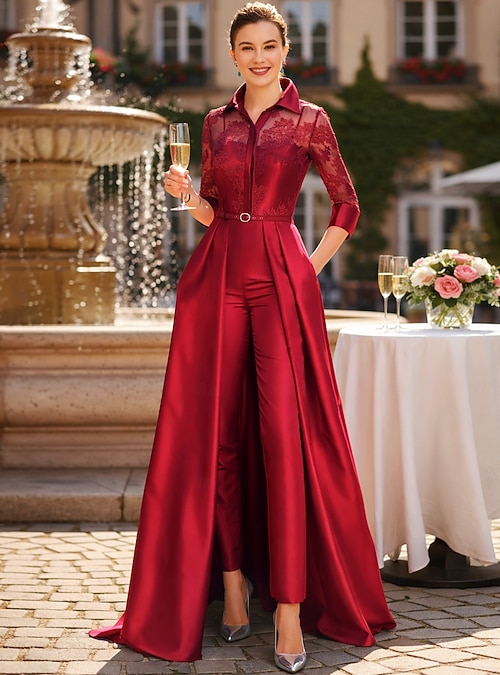 Jumpsuit Pantsuit Ankle Length Mother of the Bride Dress 3 4 Length Sleeve Shirt Collar Elegant Party Formal Wedding Guest Satin Lace with Pleats Jumpsuit Pantsuit Ankle Length Mother of the Bride Dress 3 4 Length Sleeve Shirt Collar Elegant Party Formal Wedding Guest Satin Lace with Pleats