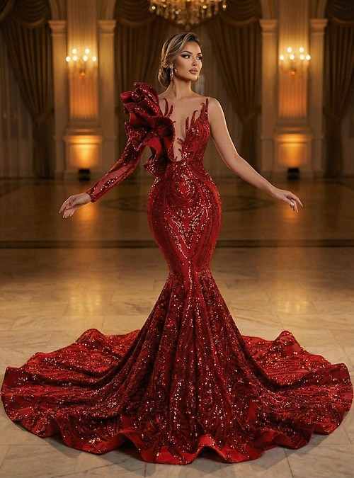 Mermaid Trumpet Court Train Prom Dresses Evening Gown Ball Gown Formal Dress  Elegant Sparkle & Shine Long Sleeve One Shoulder Engagement Formal Evening  Sequined with Sequin 2026 - $298.99