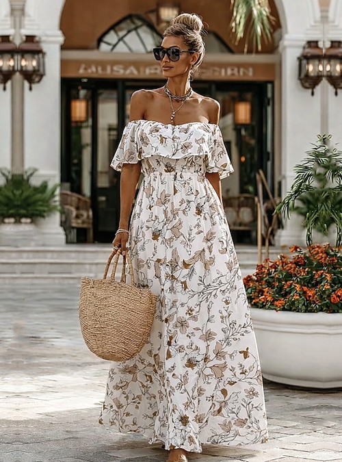 boho ethnic dress Boho Ethnic Dress Set Women  Printed Maxi Dress with Shawl Vacation Outfit