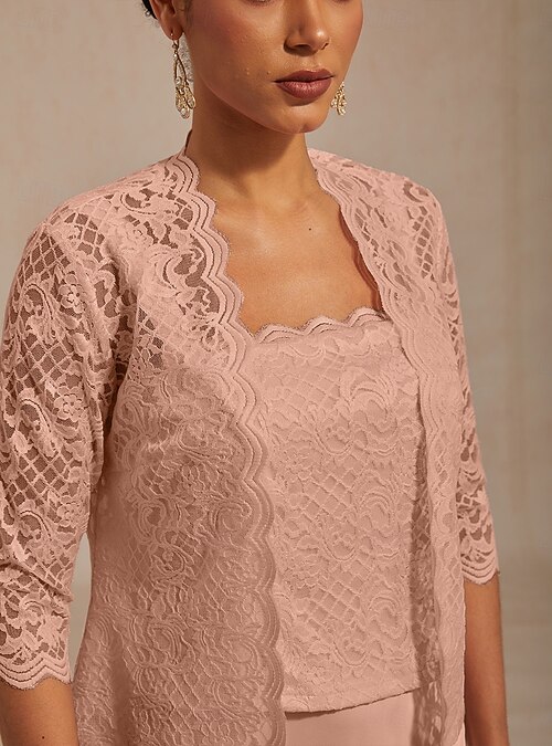 blush pink jacket dress Women's Maxi Dress A Line Dress Jacket Dress Lace Elegant Evening Party Cocktail Party Solid Color 3/4 Length Sleeve Strap Blush Pink Summer Spring Fall 2026