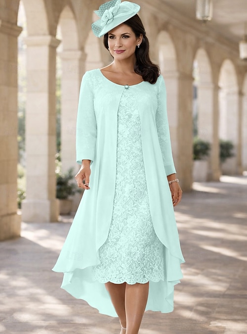 mother of the bride dresses short length with jacket Two Piece A-Line Tea Length Wedding Guest Dress Mother of the Bride Dress  Short Sleeve Jewel Neck Elegant Plus Size Wedding Guest Wedding Party  Chiffon Lace Jacket Dresses with Solid Color 2026 -