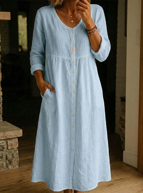 Women's Midi Dress Linen-feel Dresses A Line Dress Casual Daily Loose Fit  Plain Long Sleeve V Neck Blue Navy Black White Summer Spring Fall 2026 -  $39.99