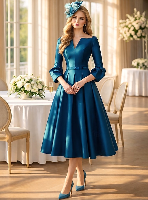 A-Line Tea Length Cocktail Dresses Party Dresses Elegant Mother 3/4 Length Sleeve V Neck Formal Wedding Guest Satin with Pleats 2026 - kr.1089 A-Line Tea Length Cocktail Dresses Party Dresses Elegant Mother 3/4 Length Sleeve V Neck Formal Wedding Guest Satin with Pleats 2026 - kr.1089