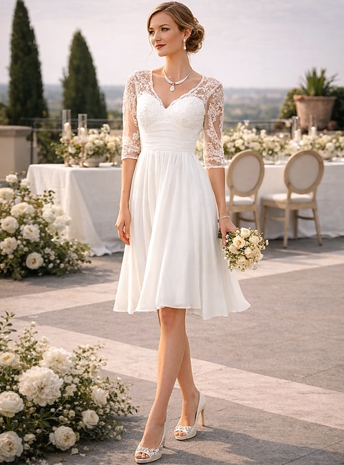 white lace dresses for bridal shower A-Line Knee Length Wedding Dresses Bridal Shower Dresses Bridal Gown Little White  Dresses Half Sleeve V Neck Graduation Birthday Chiffon Lace with Draping  Appliques 2026