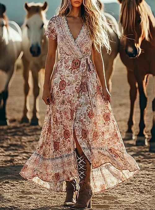 Women's Maxi Dress Boho Dress Casual Dress Floral Dress Elegant Fashion Modern Outdoor Vacation Going out Regular Fit Floral Short Sleeve V Neck Blue Dark Blue Beige Summer Spring 2026