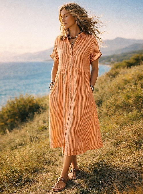 Women's Midi Dress Linen-feel Dresses Shirt Dress Casual Dress A Line Dress Fashion Modern Daily Vacation Going out Loose Fit Striped Short Sleeve Shirt Collar Orange Summer Spring Fall 2026 - $26.99 Women's Midi Dress Linen-feel Dresses Shirt Dress Casual Dress A Line Dress Fashion Modern Daily Vacation Going out Loose Fit Striped Short Sleeve Shirt Collar Orange Summer Spring Fall 2026 - $26.99