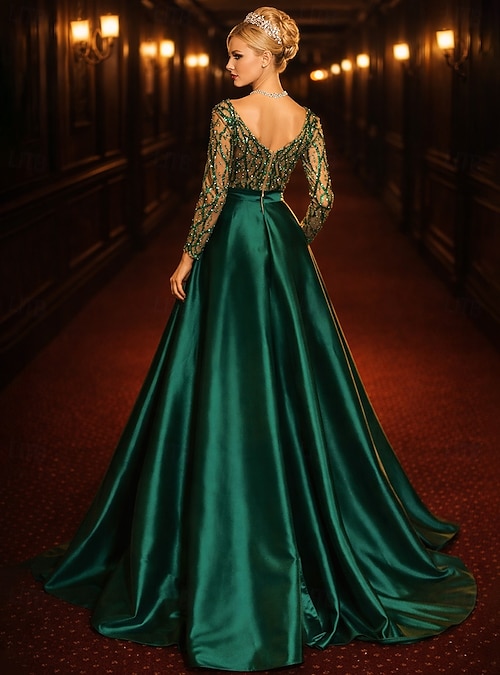 Mermaid Trumpet Court Train Prom Dresses Evening Gown Ball Gown Formal Dress  Celebrity Style Luxurious Sparkle & Shine Long Sleeve Jewel Neck Carnival  Christmas Satin with Rhinestone Appliques 2026 - AU $331.19
