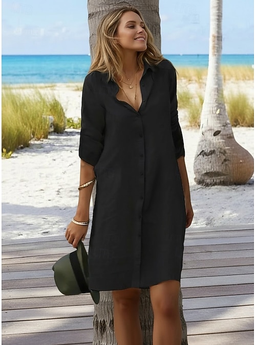 loose fitting dresses for work Sentmoon Conservative Dress Short Dress for Women with Pockets Loose Fit  2026 Summer Solid Color Lapel Button Down Women Dresses for Daily and  Commute