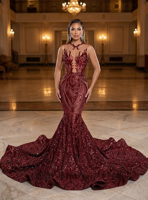 Mermaid Trumpet Court Train Prom Dresses Evening Gown Ball Gown Formal Dress  Elegant Sleeveless Illusion Neck Carnival Formal African American Sequined  with Sequin 2026 - KZT 122387.6