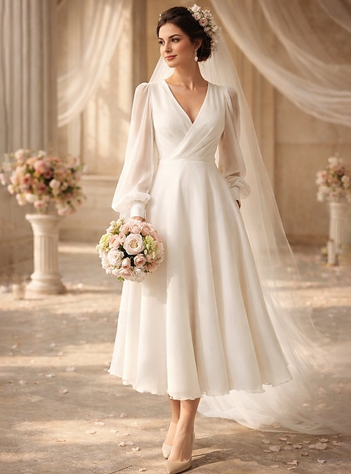 white long sleeve bridal shower dress Bridal Shower Little White Dresses Wedding Dresses Ankle Length A-Line – BL  Dress main image 0