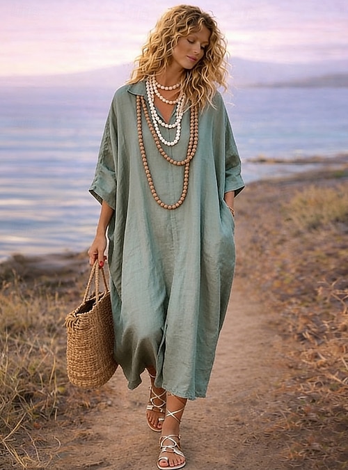 modern summer kaftan dress Women's Midi Dress Kaftan Dress Modern Daily Outdoor Vacation Loose Fit Plain Long Sleeve Shirt Collar Green Summer Spring 2026