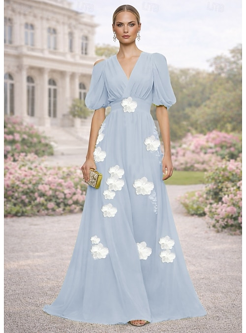A-Line Floor Length Evening Gown Formal Dress Elegant Pastel Casual /  Daytime Wedding Short Sleeve V Neck Wedding Formal Chiffon with 3D Flowers  Ruched 2026 - $171.99