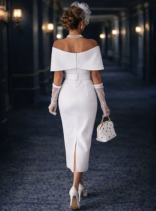 Sheath Column Tea Length Cocktail Dresses Party Dresses Elegant Party  Bodycon Sleeveless Off Shoulder Wedding Guest Party Wear Stretch Fabric  with Sash / Ribbon 2026 - $149.99