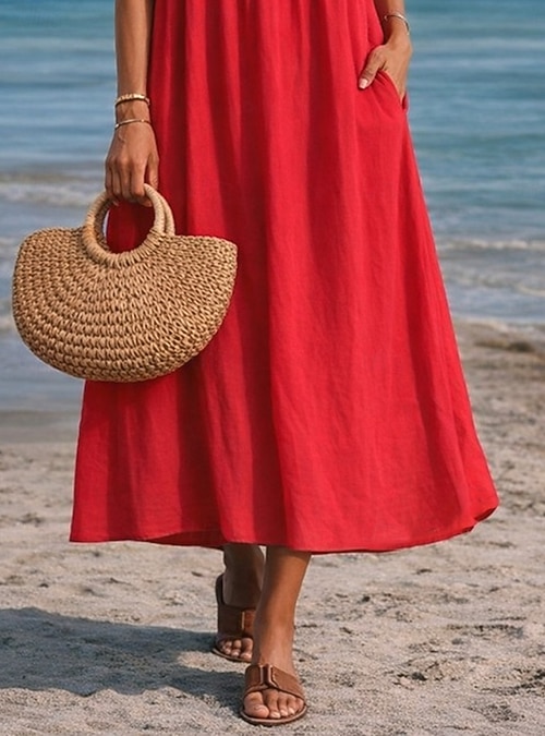 red linen summer dresses Bltiby Summer Cotton Linen Dresses for Women Sleeveless Printed Round Neck Loose Casual Maxi Dress with Pockets Red M, Women's, Size: Medium
