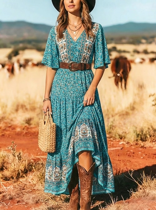 loose bohemian dress Women's Maxi Boho Dress Casual Dress Floral Dress Elegant Fashion Modern Outdoor Beach Vacation Fit Paisley Short Sleeve V Neck Blue Black Yellow Red Summer Spring 2026 beach days maxi sun dresses Bardot Remy Mini Dress Style:Pocketless