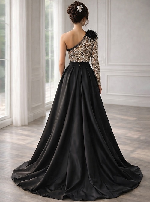 A-Line Court Train Prom Dresses Evening Gown Ball Gown Formal Dress Vintage Sexy High Split Long Sleeve One Shoulder Formal Wedding Guest Satin with Feather Slit 2026 - $206.99 A-Line Court Train Prom Dresses Evening Gown Ball Gown Formal Dress Vintage Sexy High Split Long Sleeve One Shoulder Formal Wedding Guest Satin with Feather Slit 2026 - $206.99
