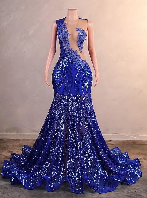 Mermaid Trumpet Court Train Prom Dresses Evening Gown Ball Gown Formal Dress Elegant Party Sleeveless Jewel Neck Prom Engagement African American