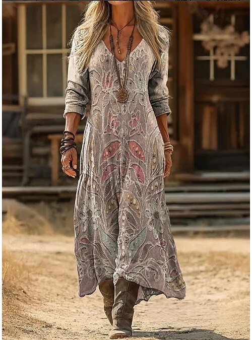 Women's Maxi long Dress Boho Dress Vintage Dress Casual Dress Vintage Daily Outdoor Vacation Regular Fit Floral Long Sleeve V Neck Gray Spring Autumn 2026