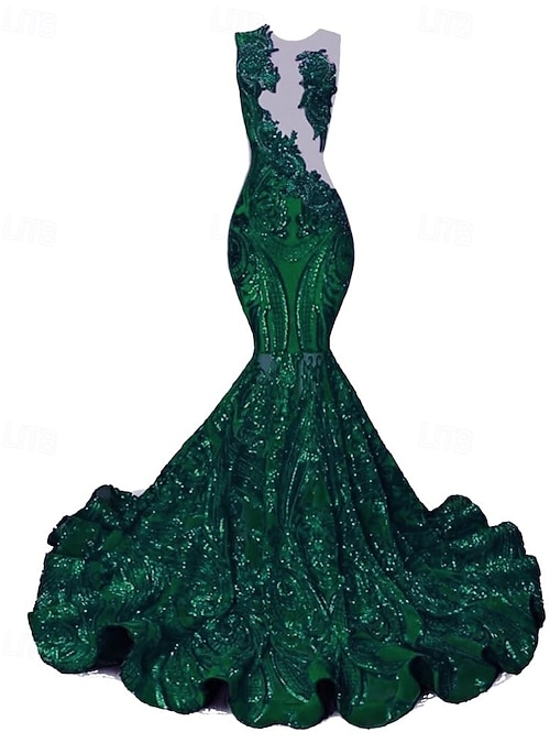 Mermaid Trumpet Court Train Prom Dresses Evening Gown Ball Gown Formal Dress Elegant Party Sleeveless Jewel Neck Prom Engagement African American