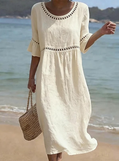 Women's Midi Dress Linen-feel Dresses Shift Dress Summer Dress Classic  Casual Daily Loose Fit Plain Short Sleeve Crew Neck Blue Yellow Green Beige  Summer Spring 2026 - $32.99