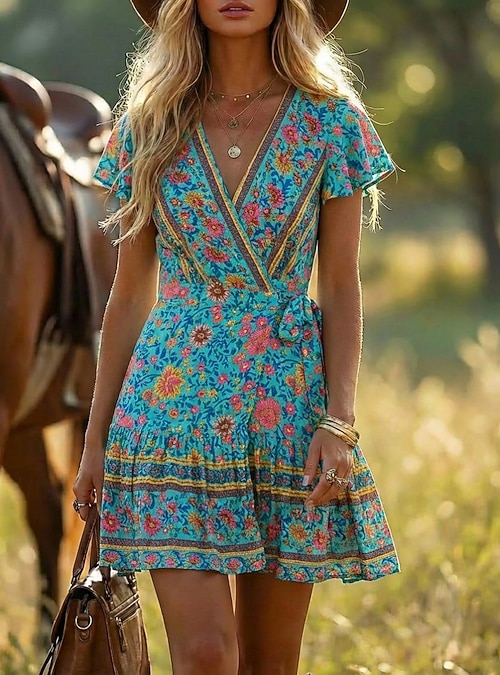 blue boho dress short Blue Boho Print Strapless Babydoll Mini Dress