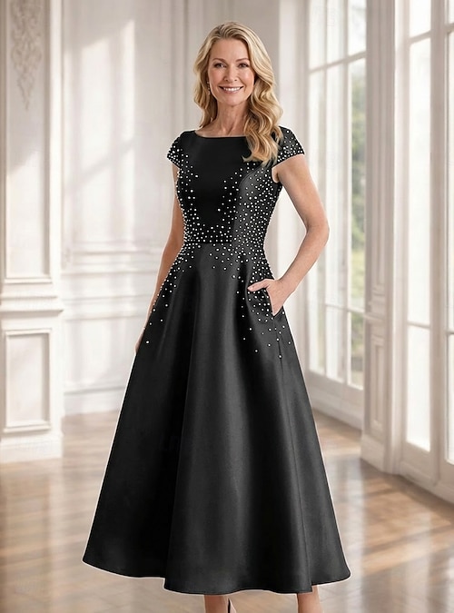 A-Line Ankle Length Formal Dresses Mother of the Bride Dress Short Sleeve  Boat Neck Elegant Vintage Embellished Cocktail Formal Wedding Guest Satin  with Pearls 2026 - $182.99