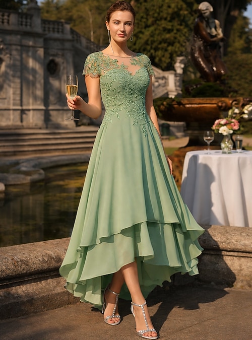A-Line Asymmetrical Tea Length Party Dress Cocktail Dress Wedding Guest  Dress Mother of the Bride Dress Short Sleeve Scoop Neck Elegant High Low Formal  Wedding Guest Chiffon Lace with Sequin Appliques 2026 -