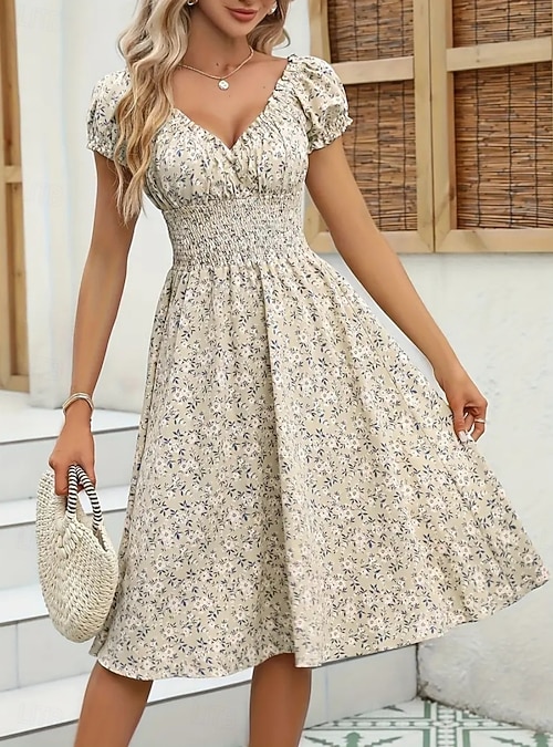 Women's Knee Length Dress Casual Dress A Line Dress Floral Dress Elegant  Fashion Modern Outdoor Vacation Going out Regular Fit Floral Short Sleeve V  Neck Pink Green Khaki Gray Summer Spring 2026 -