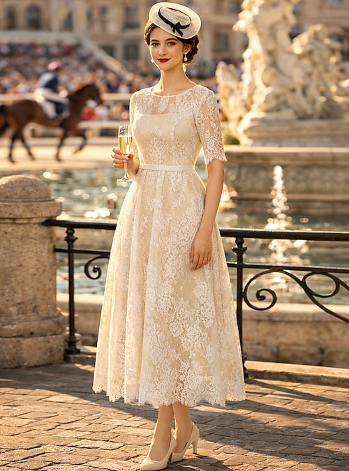 A-Line Tea Length Wedding Dresses Bridal Shower Dresses Bridal Gown Little  White Dresses Wedding Dresses in Color Half Sleeve Illusion Neck Graduation  Birthday Lace with Sash / Ribbon Appliques / 2026 - $159.99