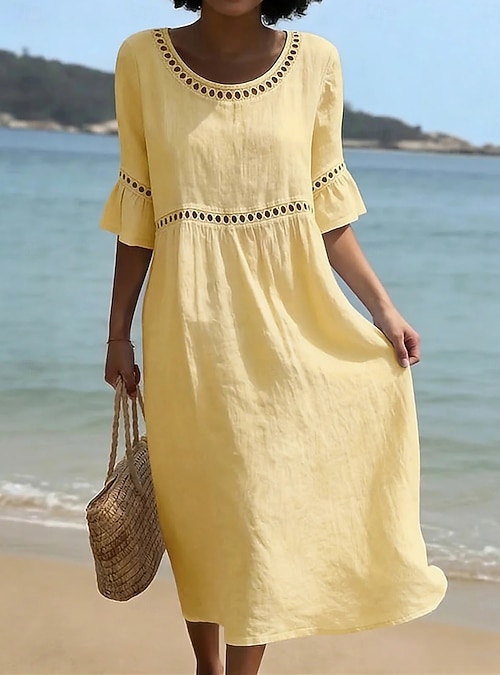 Women's Midi Dress Linen-feel Dresses Shift Dress Summer Dress Classic  Casual Daily Loose Fit Plain Short Sleeve Crew Neck Blue Yellow Green Beige  Summer Spring 2026 - $32.99