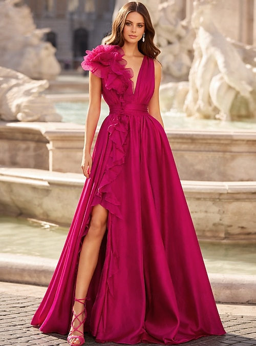 A-Line Floor Length Prom Dresses Evening Gown Ball Gown Formal Dress  Celebrity Style Floral Sleeveless V Neck Prom Formal Chiffon Satin with  Slit Pure Color 2026