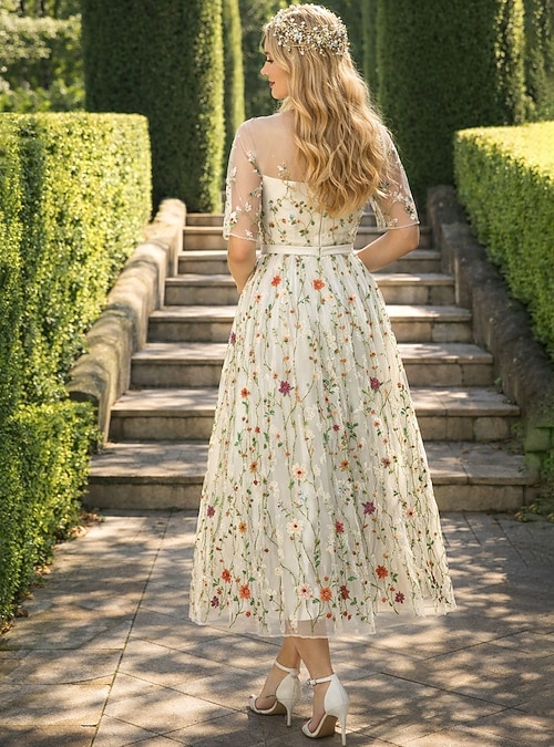 A-Line Floral Dress Valentine's Day Wedding Guest Tea Length Half Sleeve Illusion Neck Lace with Embroidery Appliques 2026 - $114.99 A-Line Floral Dress Valentine's Day Wedding Guest Tea Length Half Sleeve Illusion Neck Lace with Embroidery Appliques 2026 - $114.99