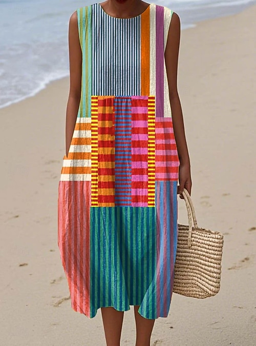 Women's Midi Dress Linen Like Sundress Shift Dress A Line Dress Vacation  Casual Boho Beach Going out Loose Fit Graphic Geometric Abstract Sleeveless  Crewneck Pink Green Summer Spring 2026 - kr.439