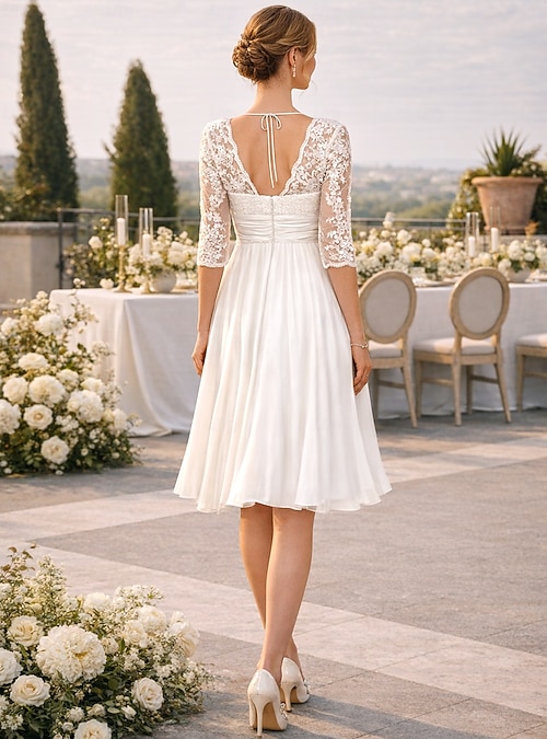 short sleeve white bridal shower dress Zapaka Women A-Line Engagement Dress Ivory Mini Square Neckline Long Sleeves Satin Wedding Reception Dress, Ivory / UK10