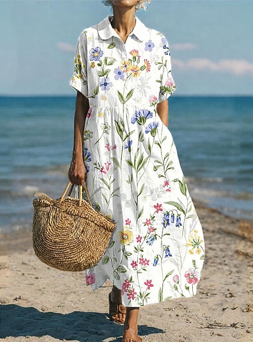 Mardi Gras Women's Maxi Dress Cotton Blend Beach Dress Casual Dress Boho  Chic Dresses Bohemia Vacation Hawaiian Holiday Loose Fit Floral Short  Sleeve Shirt Collar White Summer Spring 2026 - $44.99