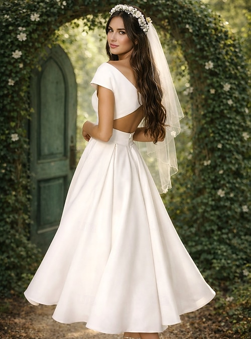 white dress for civil wedding Off-Shoulder Cap Sleeves Sleek Sheath Midi Civil Wedding Dress – Loveiss