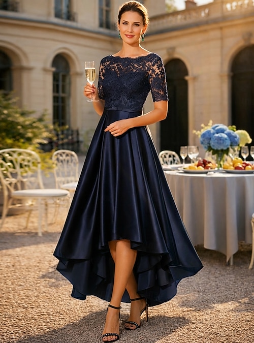 A-Line Asymmetrical Tea Length Party Dress Cocktail Dress Wedding Guest Dress Mother of the Bride Dress Short Sleeve Scoop Neck Elegant High Low
