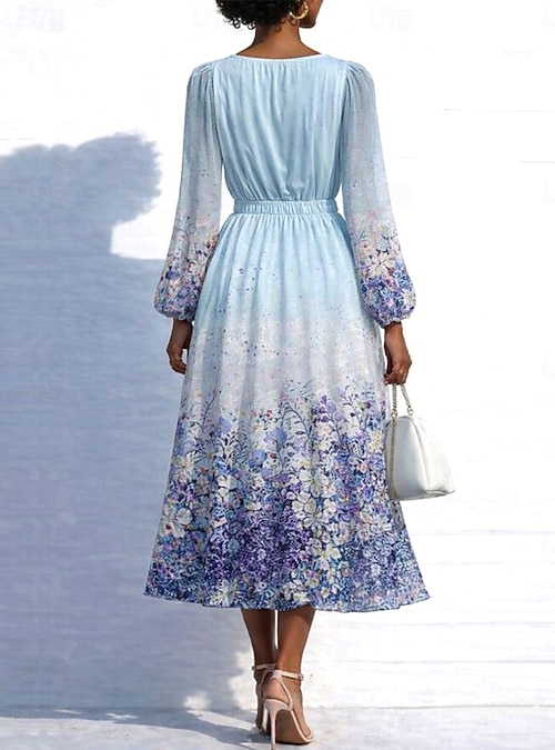 Women's Midi Dress Pleated Dress Work Dresses Fit And Flare Dress Birthday  Casual Formal Office Date Regular Fit Floral Graphic Long Sleeve V Neck  Blue Light Green Pink Light Purple Summer Spring