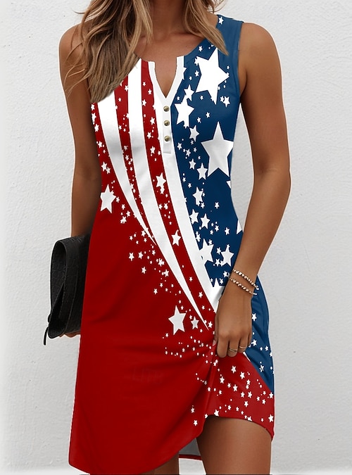 red white and blue mini dress Cflvaek 4th of July Dress Women Novelty Red White and Blue Tie Dye Print Dresses Loose Fit Sleeveless V Neck Sundress Beach Holiday Mini Dress with