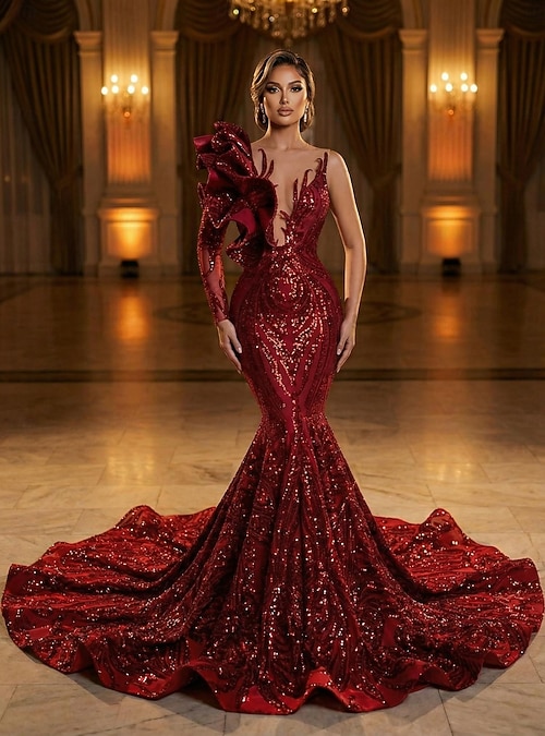 formal ball dresses nz Mermaid Trumpet Court Train Prom Evening Gown Gown Dress Elegant Sparkle & Shine Long Sleeve One Shoulder Engagement Formal Evening Sequined with Sequin 2026 854WHT