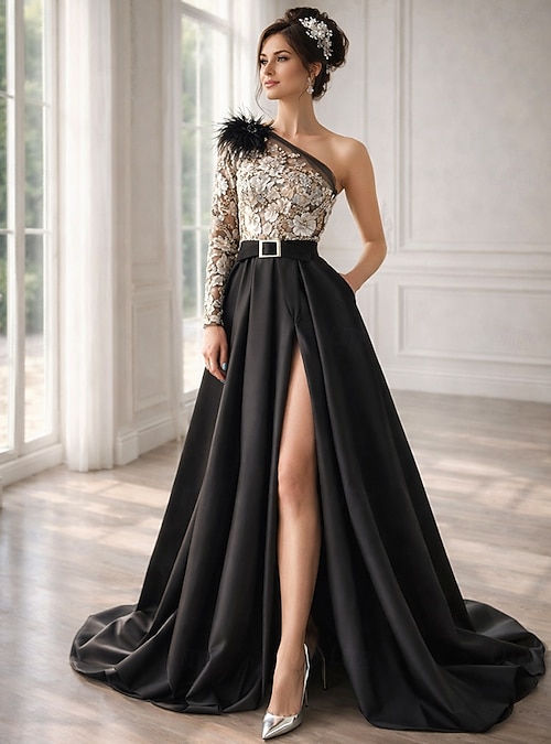 A-Line Court Train Prom Dresses Evening Gown Ball Gown Formal Dress Vintage  Sexy High Split Long Sleeve One Shoulder Formal Wedding Guest Satin with  Feather Slit 2026