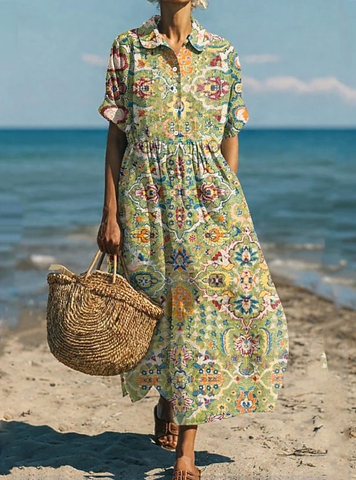 Women's Midi Dress Cotton Blend Satin Dress Boho Dress Shirt Dress Bohemia  Vacation Ethnic Holiday Regular Fit Boho Short Sleeve Shirt Collar Green  Summer Spring 2026 - kr.519