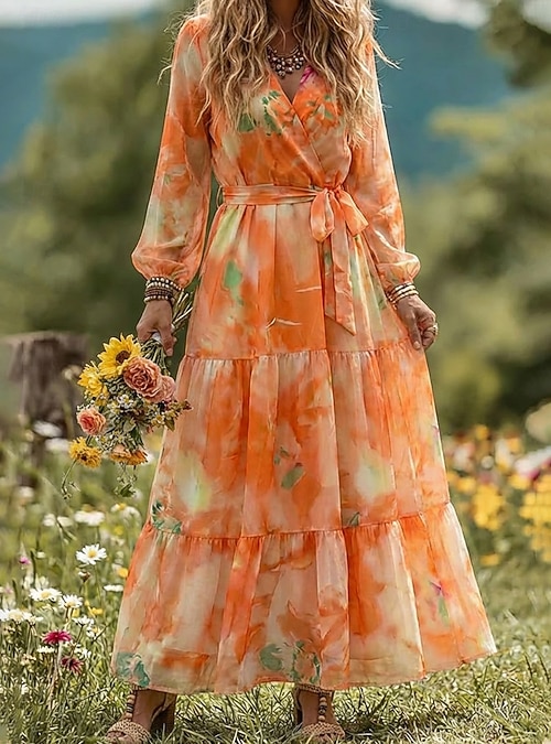 long sleeve summer floral chiffon dress Pink Floral Chiffon Maxi Dress: Long Sleeve Evening Gown