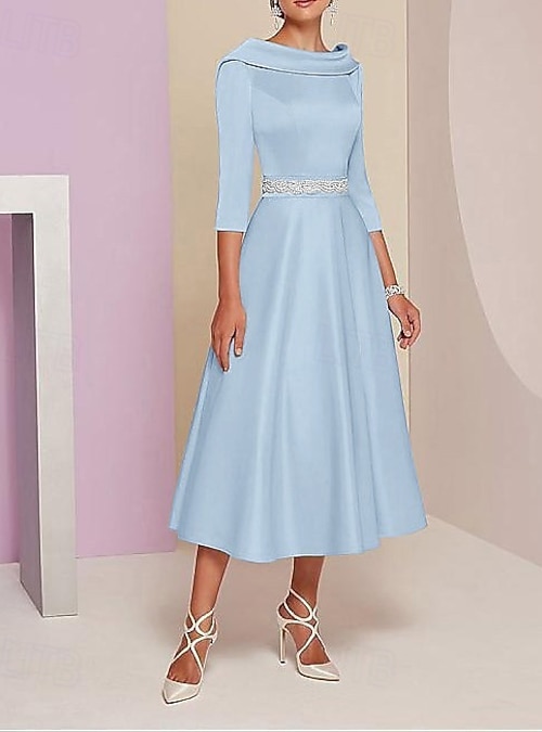 A-Line Dress Tea Length Party Dress Cocktail Dress Wedding Guest Dress Mother of the Bride Dress 3 4 Length Sleeve Bateau Neck Elegant Vintage Wedding